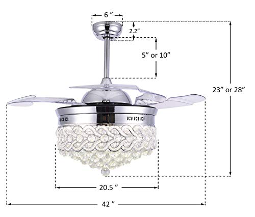 Bella Depot Retractable Ceiling Fan With Led Light, 42 Inch Modern Crystal Chandelier Ceiling Fans Cct Dimmable, Remote Control, Timer, 3-Speed - Chrome #TOP5