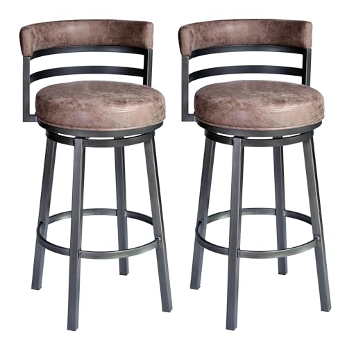 Armen Living Madrid 26" Seat Height Swivel Bandero Tobacco Faux Leather and Mineral Finish Bar Stool for Kitchen Island Counter, Set of 2