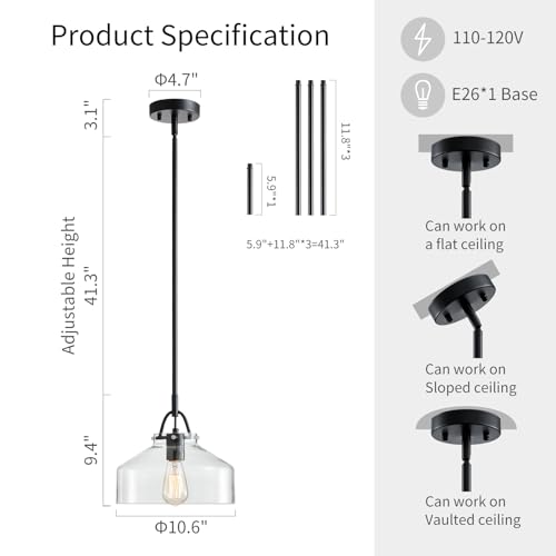 Image of WUZUPS Chandelier Rustic Farmhouse Industrial Round Ceiling Pendant LED Light Fixture with Clear Glass Shades for Dining Room Kitchen Island Foyer Entryway, H 9.4 inch x W 10.6 inch, E26 Base, Black