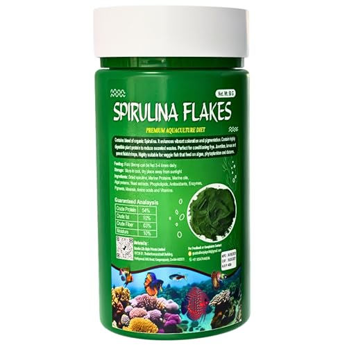 Image of MAF Fish Food Spirulina Flakes 50 G for All Marine and Freshwater Fishes,54% Protein Rich Fish Feed Treats with All Essential Amino acids and Vitamins for All Life Stages Boost Colour and Growth