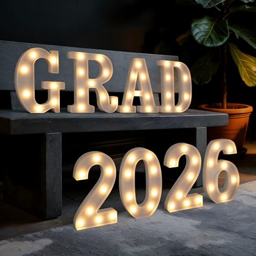 Marquee Letters Numbers Light up Numbers Letters Graduation Decoration GRAD 2026 Battery Powered LED Light White Plastic Letter Number Sign for Class of 2026 Graduation Decorations