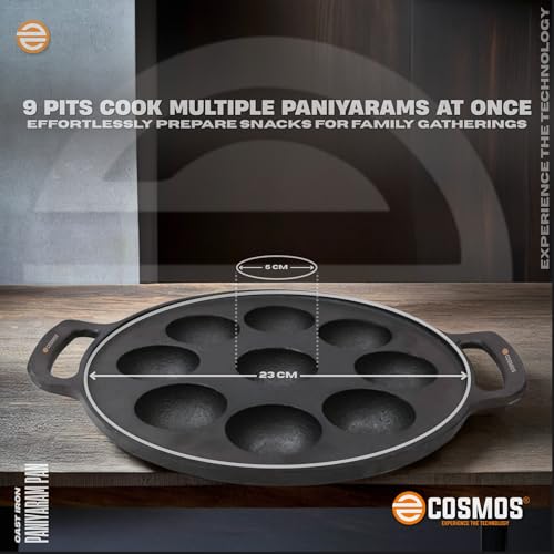 Image of E-COSMOS Pre Seasoned Cast Iron 9 Cavity Appam Patra, Paniyaram Pan Iron, Appam Pan, Pan Cake, Paddu, Appam Maker, Ponganal Maker, Appe and Litti Maker with 2 Side Handle, 23cm, Black (9 Cavity)