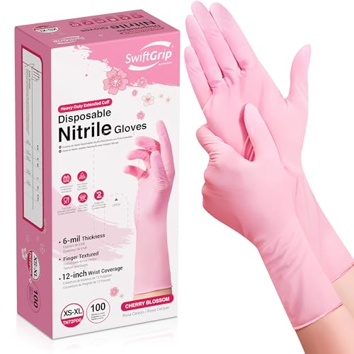 SwiftGrip Disposable Nitrile Dishwashing Gloves, Extended 12 Inches Cuff, 6-mil, Large, Cherry...