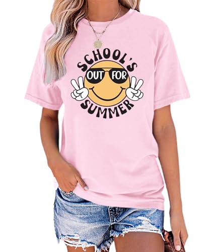 YZMI Smiley School's Out for Summer Shirt Teacher Last Day of School Tee Funny Teacher Life Casual Shirt Light Pink XXL