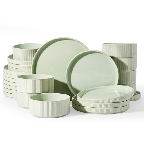Image of Famiware Stoneware Dinnerware Set for 8, Rimmed Plates, Bowls, Green Dishes