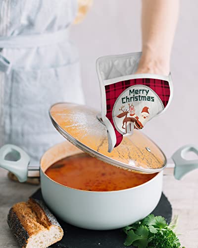Merry Christmas Santa's Reindeer Pot Holders With Pocket For Kitchen, Heat-Resistant Potholders Set Of 2, Hot Pads Oven Mitts With Hanging Loops For Home Cooking Baking Microwave, Buffalo Check #TOP3