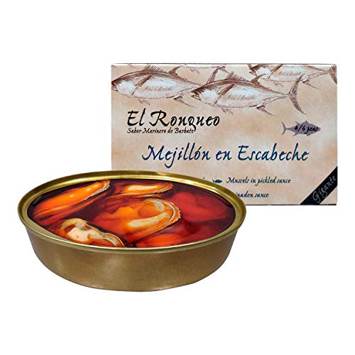 Mejillones en Escabeche Gigantes (4/6 piezas) de 120 gramos (OL120) | Conservas de pescado El Ronqueo | Conserva de marisco gourmet elaborada en Barbate (España)