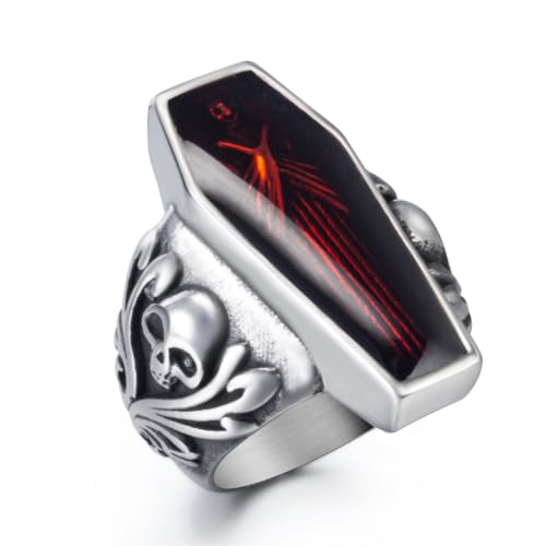 ELFASIO Skull Rings for Men Stainless Steel Gothic Vampire Bloody Red Enamel Coffin Bike Jewelry Size 8-14