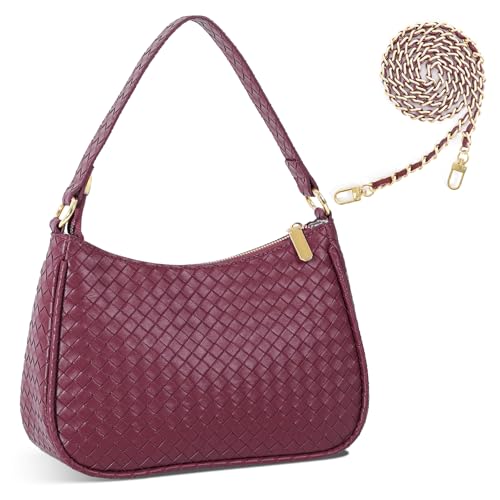 Woven Shoulder Bag for Women Gifts- Detachable Chain Strap Leather Handbag Purses Crescent Crossbody Clutch Mini Quilted Hobo