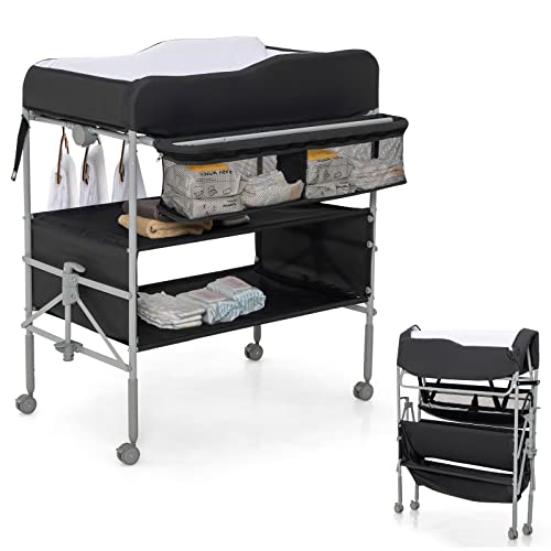COSTWAY Baby Changing Table with Wheels and Storage, Black