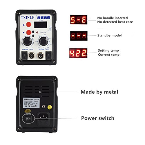 TXINLEI 8586 110V Solder Station, 2 in 1 Digital Display SMD Hot Air Rework Station and Soldering Iron, 12pcs Different Soldering Tips,Solder Wire,Tweezers,Desoldering Pump,700W 480℃