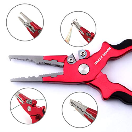 Crazy Shark Professional Saltwater/Fresh Water Aluminum Fishing Pliers Tungsten Carbide Cutters (Red) #TOP2