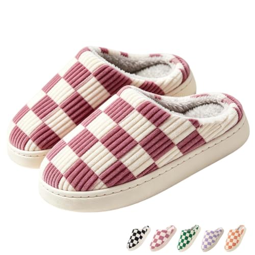 Image of Checkered Slippers for Women and Men - Fuzzy House Slippers with Memory Foam, Comfy Plush Fluffy Indoor House Shoes, Cozy Warm Slip on Bedroom Slippers with Non-Slip Sole