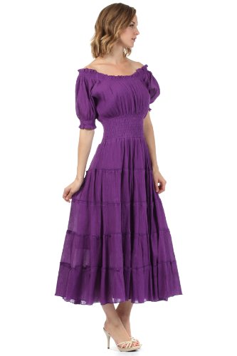 Image of Sakkas Cotton Crepe Smocked Peasant Gypsy Boho Renaissance Mid Length Dress