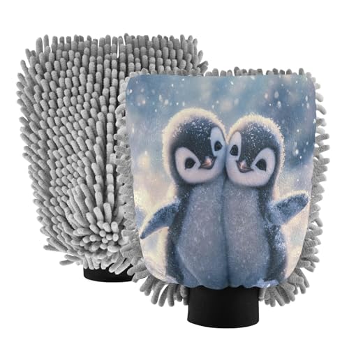 STAYTOP Two Cute Snow Penguins Car Wash Mitt Microfiber, 2Pcs Scratch Free Lint-Free, Premium Chenille Microfiber Mitt Car Wash Brush-M