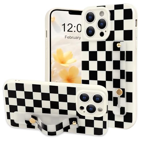 NITITOP for iPhone 12 Pro Max Case with Strap Plaid - Black White | With wrist kickstand, Cute trendy checkerboard pattern, For woman girl, Soft TPU and silicone, Precision camera cutouts
