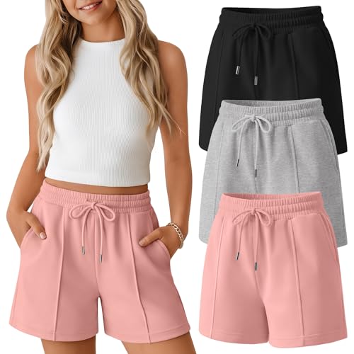 Halfchet 3 Pack Girl's Basic Shorts Elastic Waist Causal Summer Shorts with Side Pockets 5-14 Years(Coral Pink, Light Heather Gray, Black,13-14 Years)