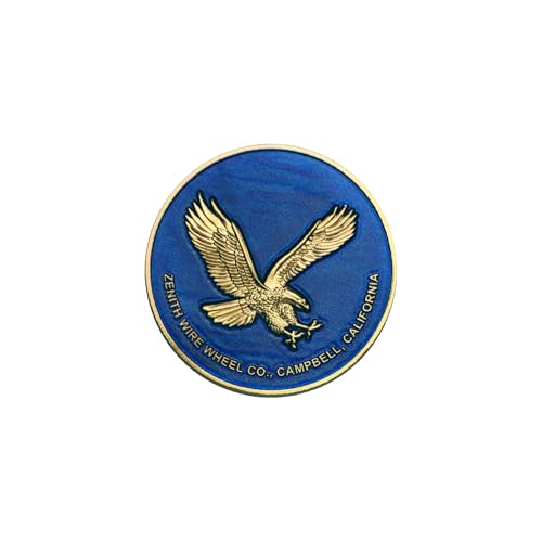 Image of Zenith Eagle Gold & Candy Blue Metal Wheel Chip Emblems (Set of 4) | 24K Triple Gold Plated Solid Metal Wheel Chip Emblems, 2.25 inch | for Lowriders w /Recessed Knock Off Spinner Caps