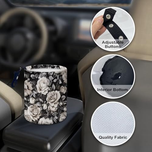Image of Black White Rose Car Trash Can Cute Garbage Bin Hanging Portable Dustbin Bin Waste Basket Collapsible Small Trash Can Easy to Clean