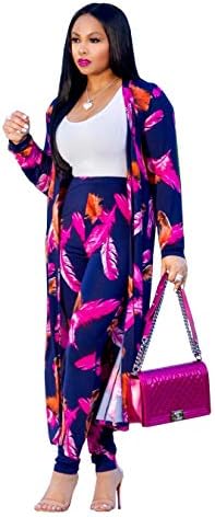 EshoonoWomen 2 Piece Club Outfits Long Sleeve Floral Open Front Cardigan and Pants Set
