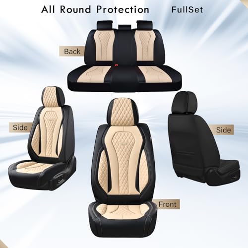 Image of Coverado Car Seat Covers, Leather Seat Covers Full Set, Beige Seat Covers, Car Seat Cushion, Driver Car Seat Covers, Waterproof Car Seat Protector Fit for Most Cars