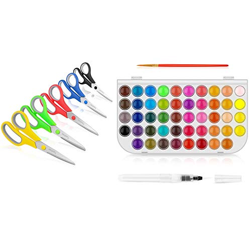 Scissors, Taotree 8" Multipurpose Scissor Bulk Pack of 5 & Watercolor Paint Set, Taoree 48 Color Watercolor Cake & a Brush and a Refillable Water Brush Pen