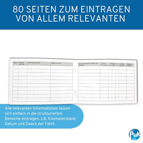 PuK Fahrtenbuch DIN A6 | Finanzamtkonform für PKW | 80 Seiten mit Ausfüllhilfe | Fahrtenbücher 1er, 2er, 3er, 5er oder 10er Pack | zur Dokumentation geschäftlicher und privater Fahrten (1 Stück)