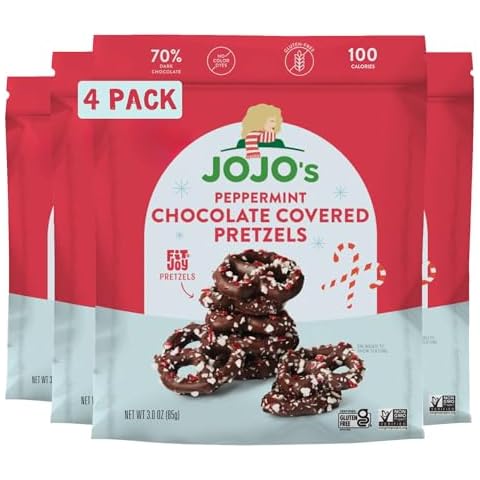 JOJO's Peppermint Dark Chocolate Covered Pretzels, Healthy Snack, Low Sugar, Low Carb, Gluten Free, Non GMO, Paleo & Keto Friendly, Made with Plant Based Hemp Protein, Vegan (4 Count) Cover