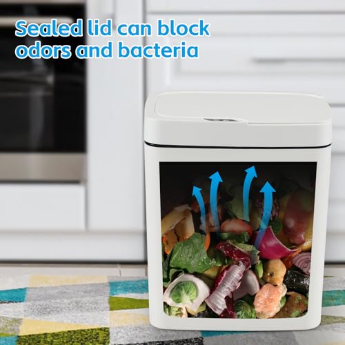 Image of 15 L Motion Sensor Plastic Garbage Can with Lid, Automatic Garbage Bin, White, 10.23 inch x 7.24 inch x 12.16 inch