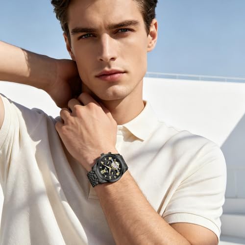 Image of OPK Mens Automatic Watch Multifunction Skeleton Mechanical Wrist Watch with Green Dial Stainless Steel Bracelet Waterproof Luxury Dress Watch for Men