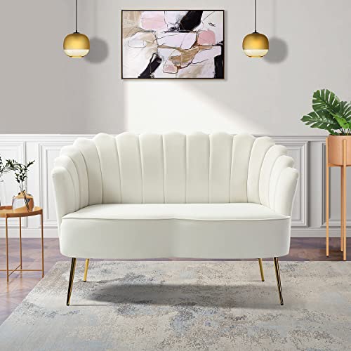 Hulala Home Velvet Loveseat Sofa With Gold Legs, Modern 2-Seater Sofa For Living Room Bedroom, Comfy Upholstered Small Love Seat Couch, Flower Shaped Back, Ivory #TOP4
