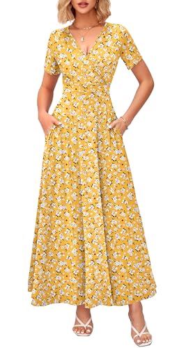 Image of WNEEDU Women's Summer Maxi Dress Short Sleeves Wrap V Neck Long Dresses with Pockets