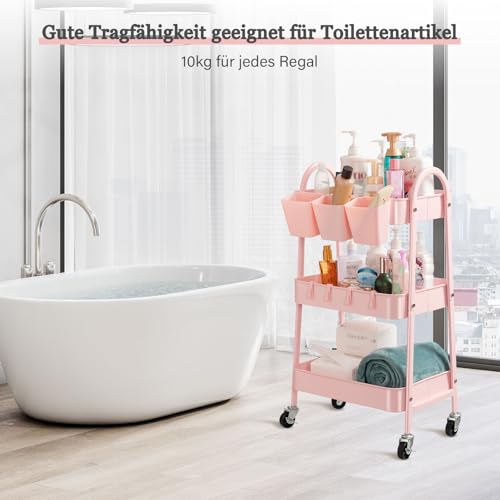 danpinera Rollwagen mit 3 Ebenen, Rollwagen Metall, Rollwagen Küche mit feststellbaren Rädern & hängenden Bechern & Haken, Mobiler Bastelwagen für Küche, Bad, Büro, Werkstatt, Rosa
