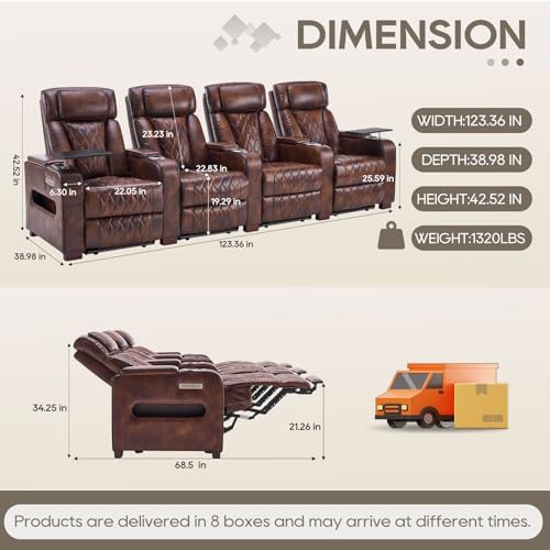 Image of Luxury Home Theater Seating - Power Recliner with Adjustable Headrests, Blue LED Ambient Lighting, Tray Table, USB & Type-C Charging (Light Brown,4 Seat)