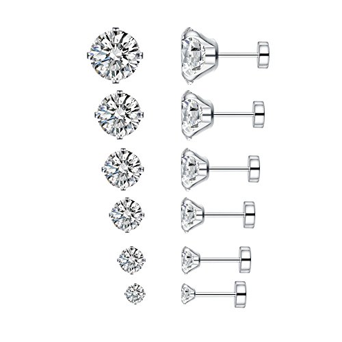 6 Pairs 18g Stainless Steel Cubic Zirconia Stud Earrings for Women Men Cartilage Ear Piercings Helix Tragus 3-8mm Set Flat Screw Backs (20g)