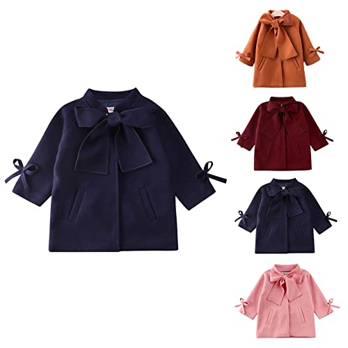 Hinzonek Chaqueta de Invierno con Nudo de Lazo para niñas pequeñas y niñas, con Bolsillo (3-4 Años, Azul Marino) Cover