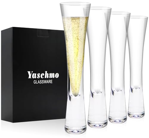 Yaschmo Champagne Flutes Set of 4, Hand Blown Crystal Champagne Glasses, Modern Unique Design...