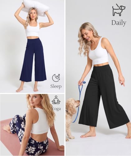 Image of GYS Bamboo Viscose Wide Leg Capri Pants for Women, Ultra-Soft Pajama Bottom | Lightweight Culottes Cropped Lounge Pants, Flowy Yoga Pants, High Waist PJ Bottoms, Knitted Ladies Gaucho Pants