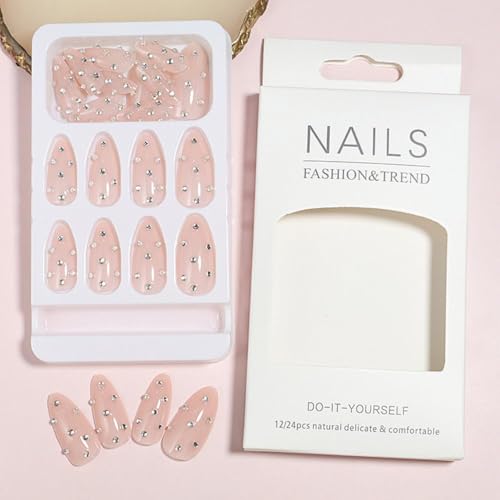 Image of NBNTGH Nude Rhinestone Rhinestone Press On Nails Medium Almond False Nails 24Pcs Glue On Nails Artificial Acrylic Full Cover Glossy Stick On Nails