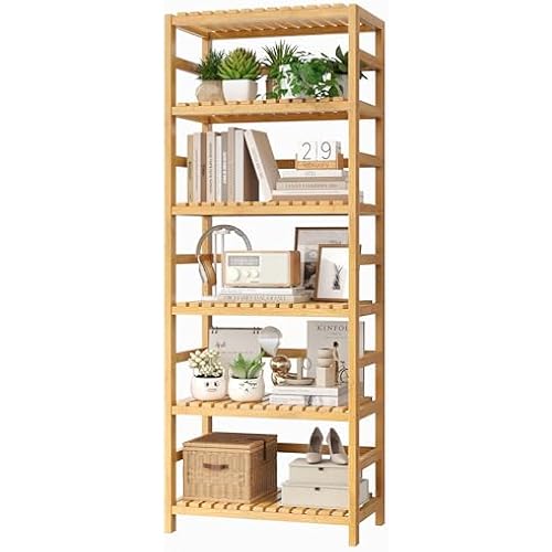 FOTOSOK 6-Tier Bamboo Shelf with Adjustable Shelves, Bamboo Kitchen Cabinet
