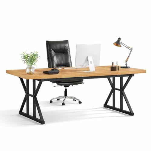 Image of Executive Computer Work Desk | Wooden Office Table for Home, Office, Workstation, Study | Strong Metal Frame Computer Table (Walnut Cream)