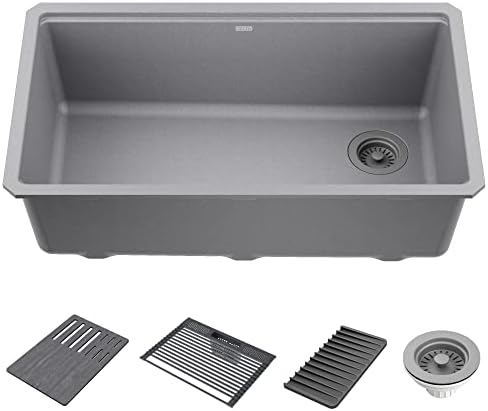 DELTA FAUCET DELTA Everest 32-inch Granite Composite Workstation Kitchen Sink Undermount Single Bowl with WorkFlow Ledge and Accessories in Dark Grey, 75B933-33S-DG