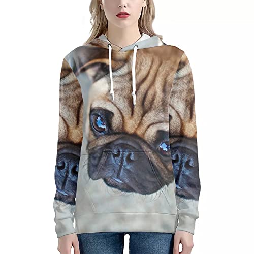 Cumagical Damen-Kapuzenpullover mit Tierdruck, Kordelzug, lässiger Pullover mit Taschen, Mops, XXL