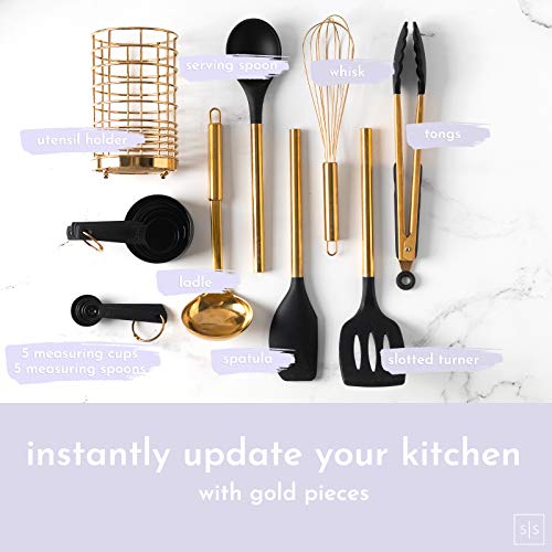 Black & Gold Kitchen Utensils with Metal Gold Utensil Holder -17PC Gold Cooking Utensils Set Includes Black & Gold Measuring Cups and Spoons Set-Gold Kitchen Accessories, Silicone Cooking Utensils Set