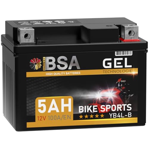BSA YB4L-B GEL Roller Batterie 12V 5Ah 100A/EN Motorradbatterie doppelte Lebensdauer entspricht CB4L-B 50411 12N4-3B YB4L-A vorgeladen auslaufsicher wartungsfrei ersetzt 4Ah