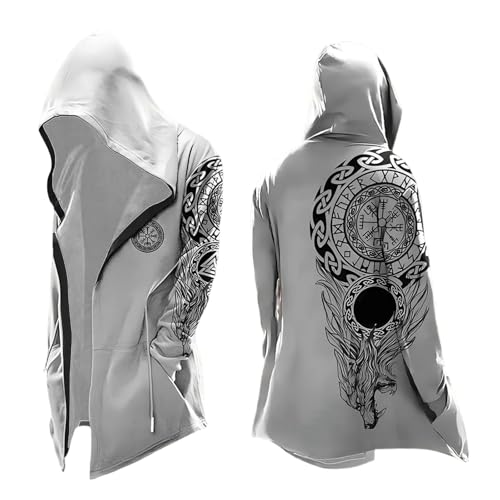Generisch Sweat à capuche mi-long pour homme, sweat à capuche viking, noir avec impression 3D,...