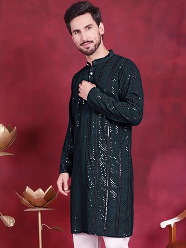 Image of Jompers Men's Regular Fit Rayon Sequins Chikankari Embroidered Kurtas