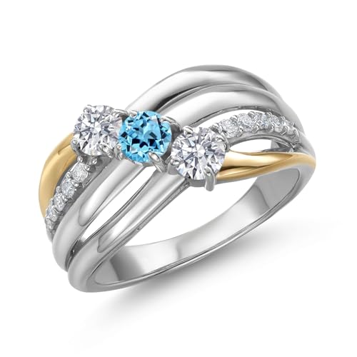 925 Silver and 10K Yellow Gold Lab Grown Diamond and Swiss Blue Topaz and Lab Grown Diamond Engagement Ring for Women | 1.05 Cttw | Round 4MM | Gemstone April Birthstone | Available in Size 5,6,7,8,9