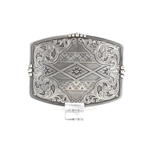 Nocona Belt Co. Men\'s Western Buckle with Floral Aztec Engraving and Stud Accents (Silver, 3\" x 3-1/2\") - Thumbnail 2