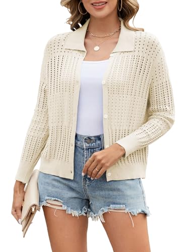 Image of Womens Lightweight Crochet Hollow Out Cardigans Open Front Knit Button Down Cardigan Lapel Cropped Sweaters Summer